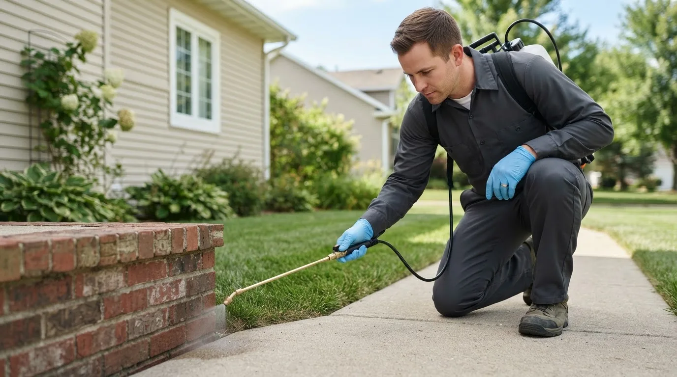 Pest control technician treating a home near Helena, MO