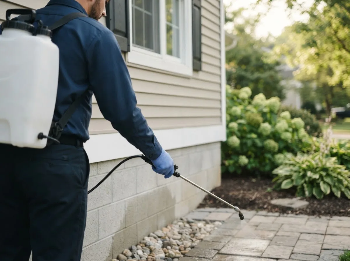 Pest control technician inspecting a home in Helena, MO